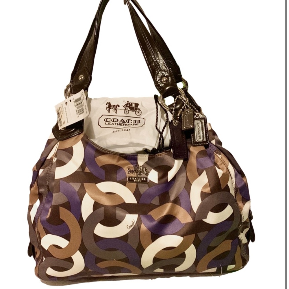 💐COACH 14420 💐PURPLE MULTI MADISON CHAIN LINK SIGNATURE LOGO MAGGIE SATCHEL